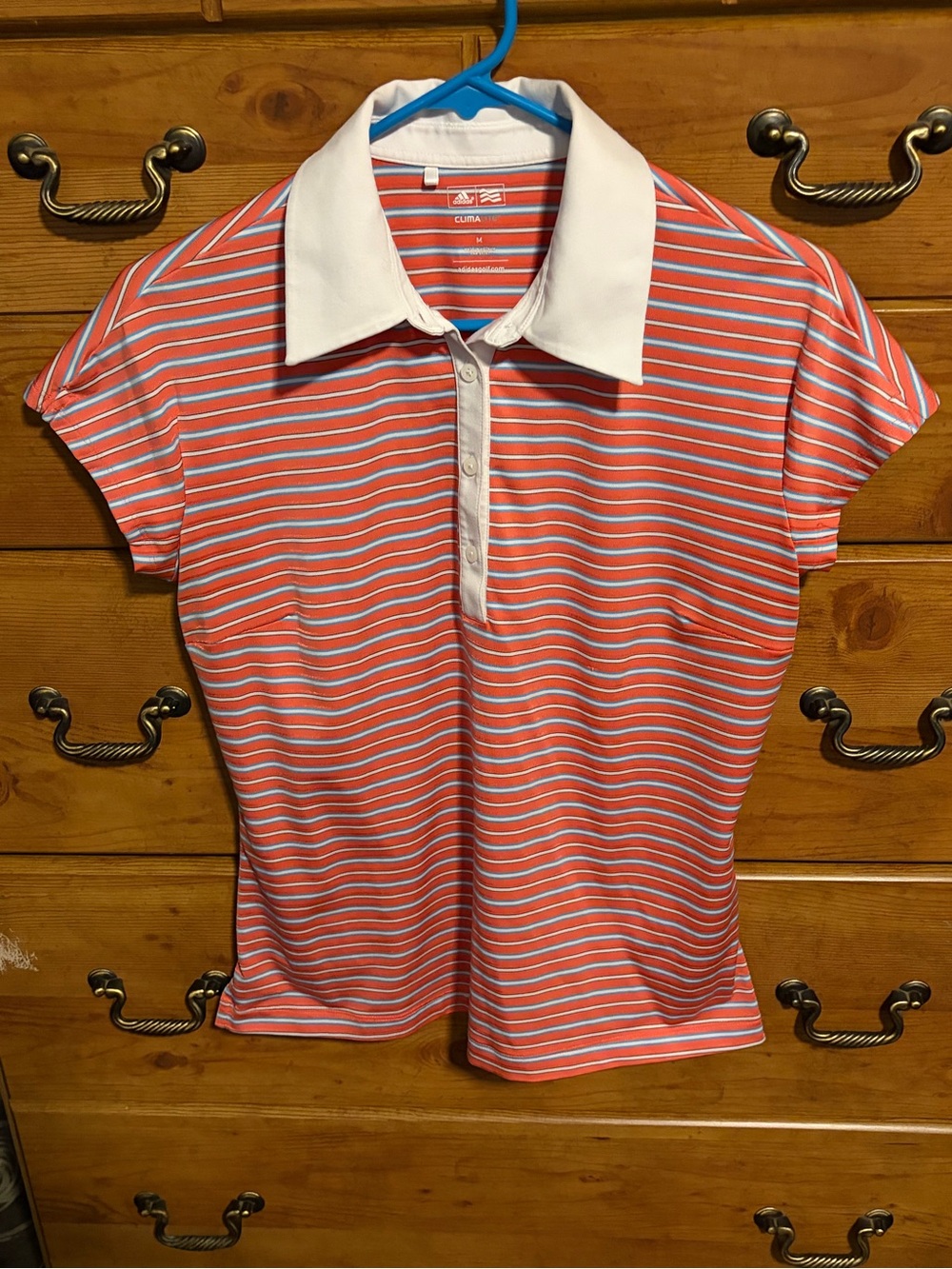 adidas Coral and White Striped Button-Down Polo
